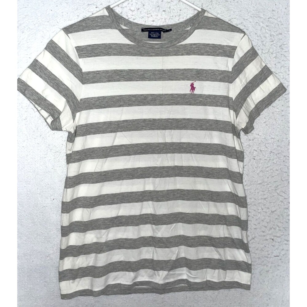 Ralph Lauren Sport Womens Short Sleeve L Pony Tshirt Crew neck White Gray Stripe
